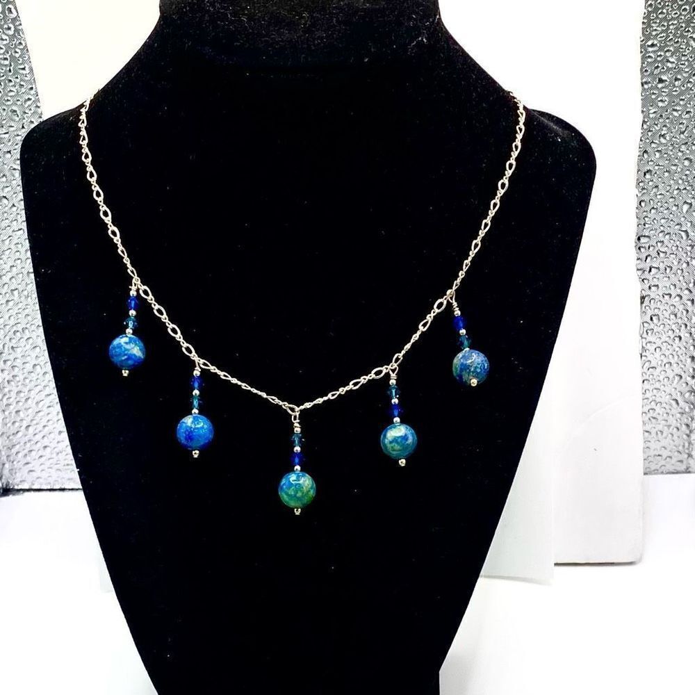 ALS Striking Blue & Green Agate & Sterling 925 Silver Necklace